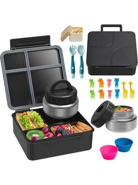 Leakproof Bento Lunch Box with Soup Thermos, 4 Compartments, Insulated for Kids
